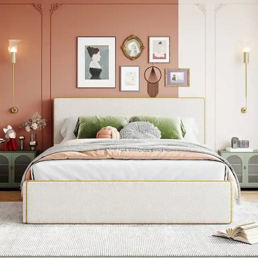 Queen Wood Linen Bed Upholstered