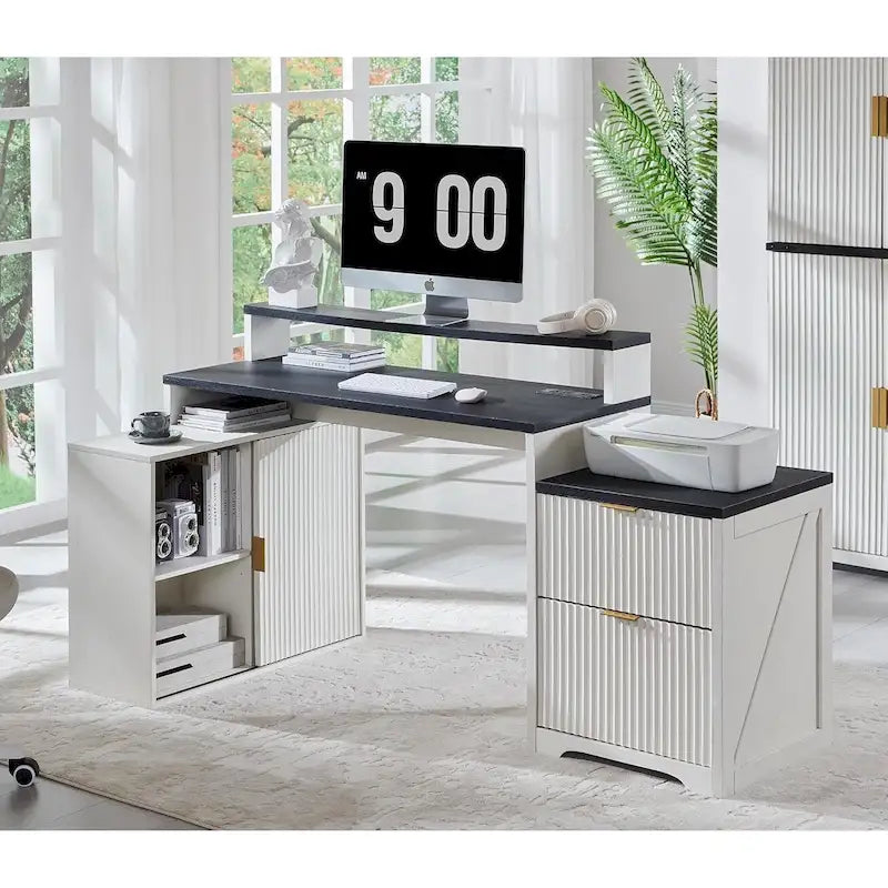 67 Modern L Shaped Desk, Wood Home Office Desk with Charging Station