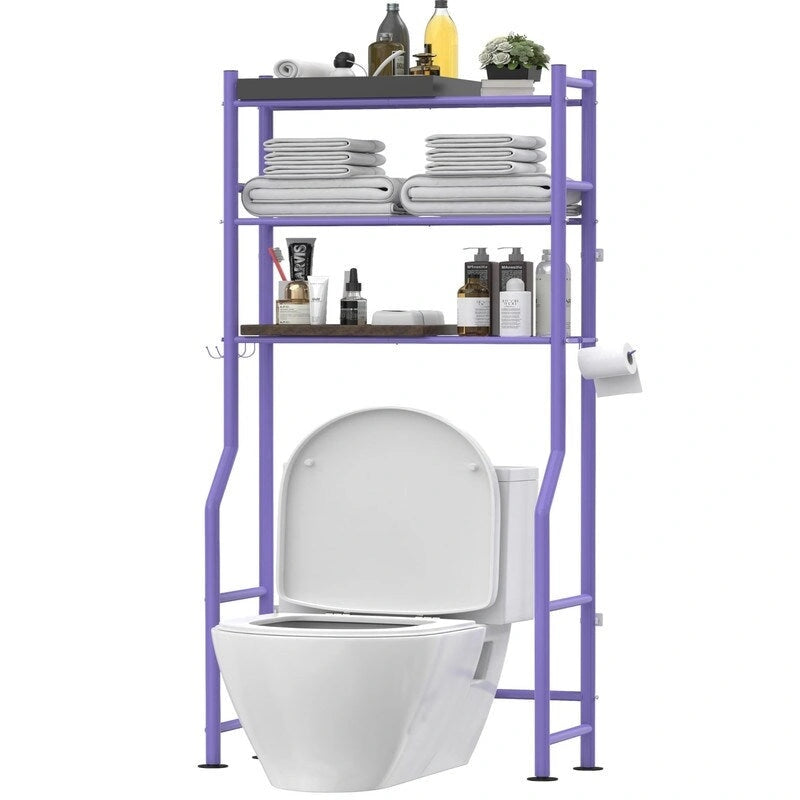 3-Tier Over The Toilet Storage, Freestanding Metal Bathroom Shelves with 4 Hooks, Over Toilet Storage Shelf with Paper Holder