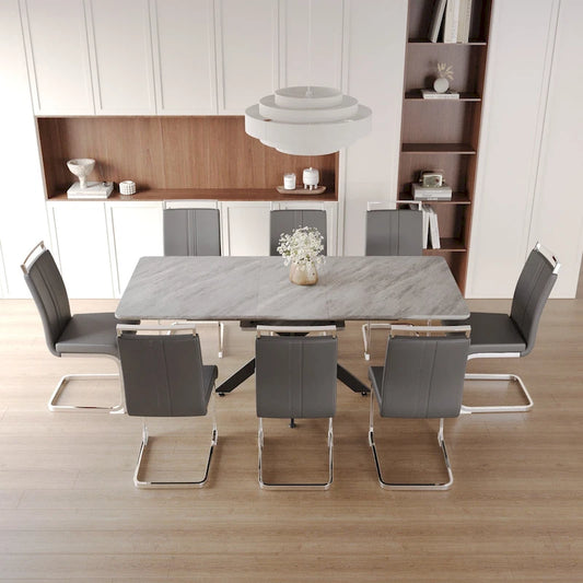 Modern Dining Set with Rectangular Extendable Metal Legs Table & High Back C-shaped Tube Armless Chairs