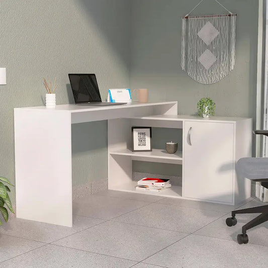 FM Furniture Dallas L-Shaped Home Office Desk, Two Shelves, Single Door Cabinet