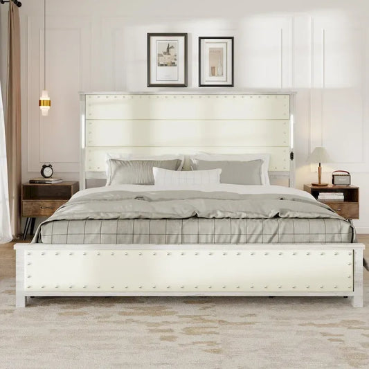 King Modern Wood Fabric Bed Upholstered