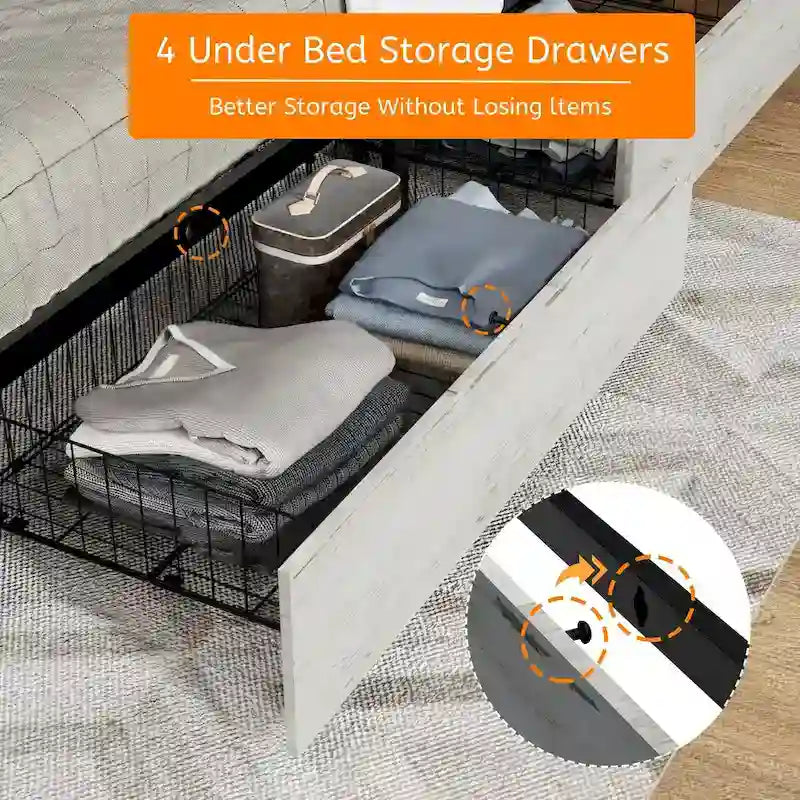 King Size Bed Frame with Upholstered Headboard and 4 Storage Drawers , King Bed Frame with Charging Station and LED Lights