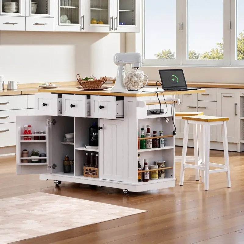 53 Inch Bamboo Engineered Wood Kitchen Cart Adjustable