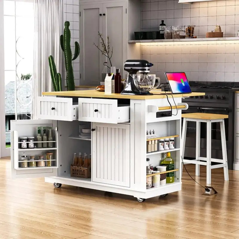 53 Inch Bamboo Engineered Wood Kitchen Cart Adjustable