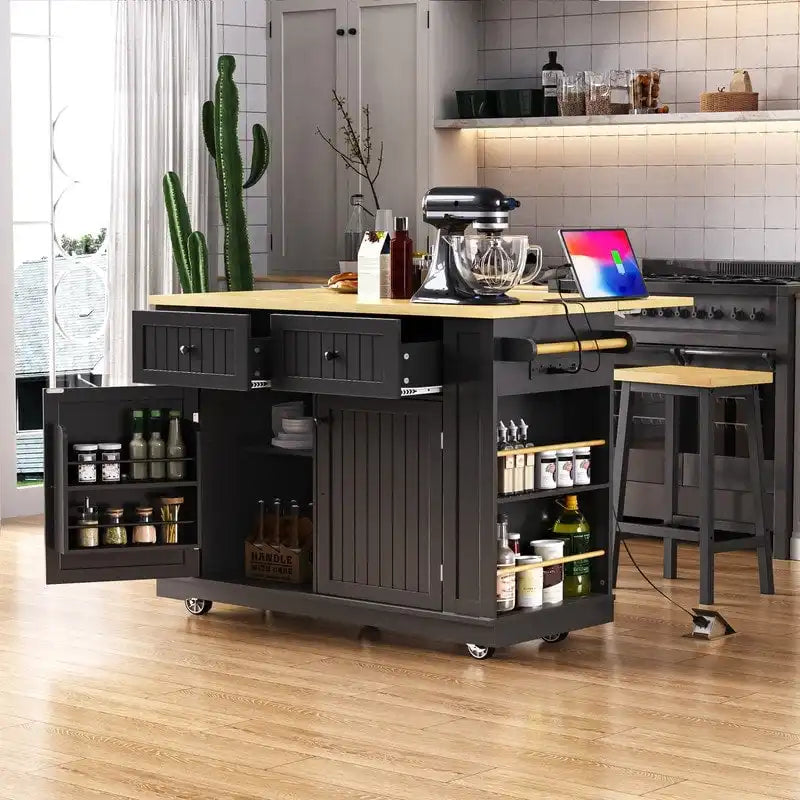53 Inch Bamboo Engineered Wood Kitchen Cart Adjustable
