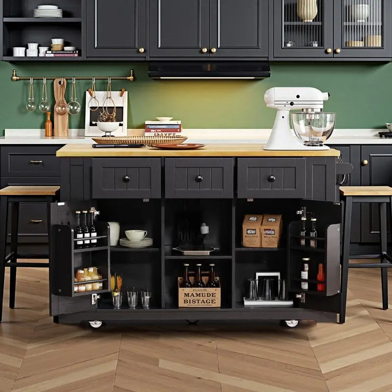 53 Inch Bamboo Engineered Wood Kitchen Cart Adjustable