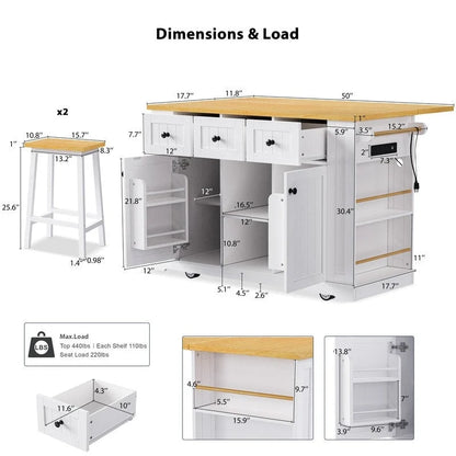 53 Inch Bamboo Engineered Wood Kitchen Cart Adjustable