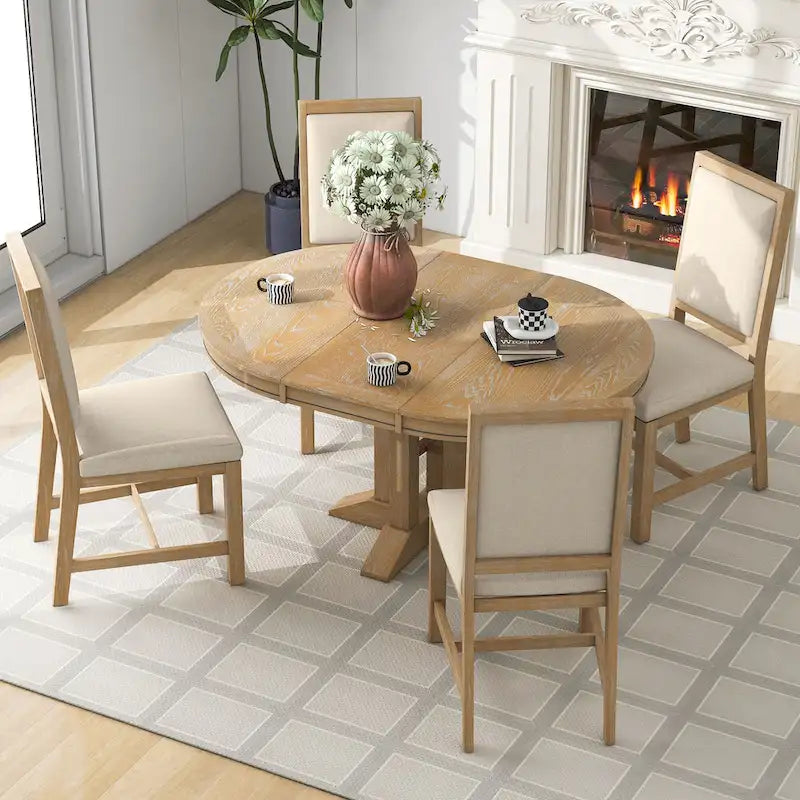 Rustic Farmhouse Dining Table and Chair Sets Extendable Round Table and Chair Sets with Adjustable Table Top for Dining Room