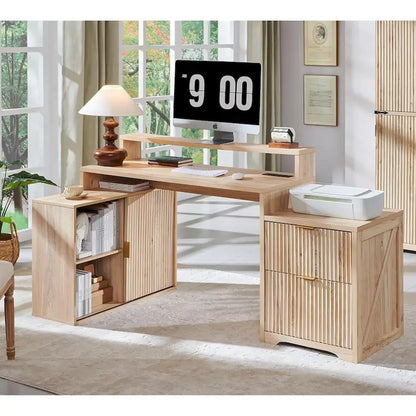 67 Modern L Shaped Desk, Wood Home Office Desk with Charging Station