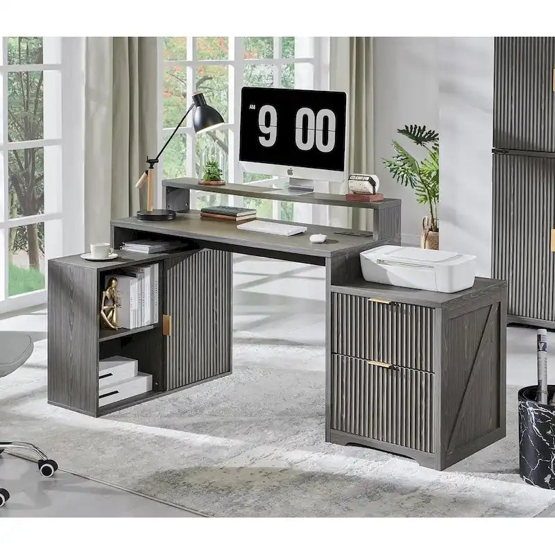 67 Modern L Shaped Desk, Wood Home Office Desk with Charging Station