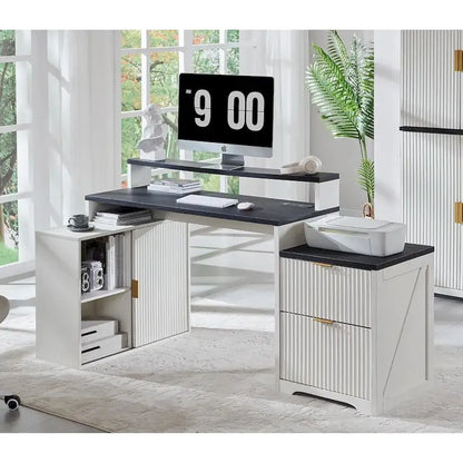 67 Modern L Shaped Desk, Wood Home Office Desk with Charging Station