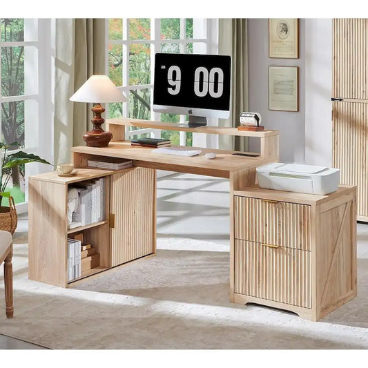 67 Modern L Shaped Desk, Wood Home Office Desk with Charging Station