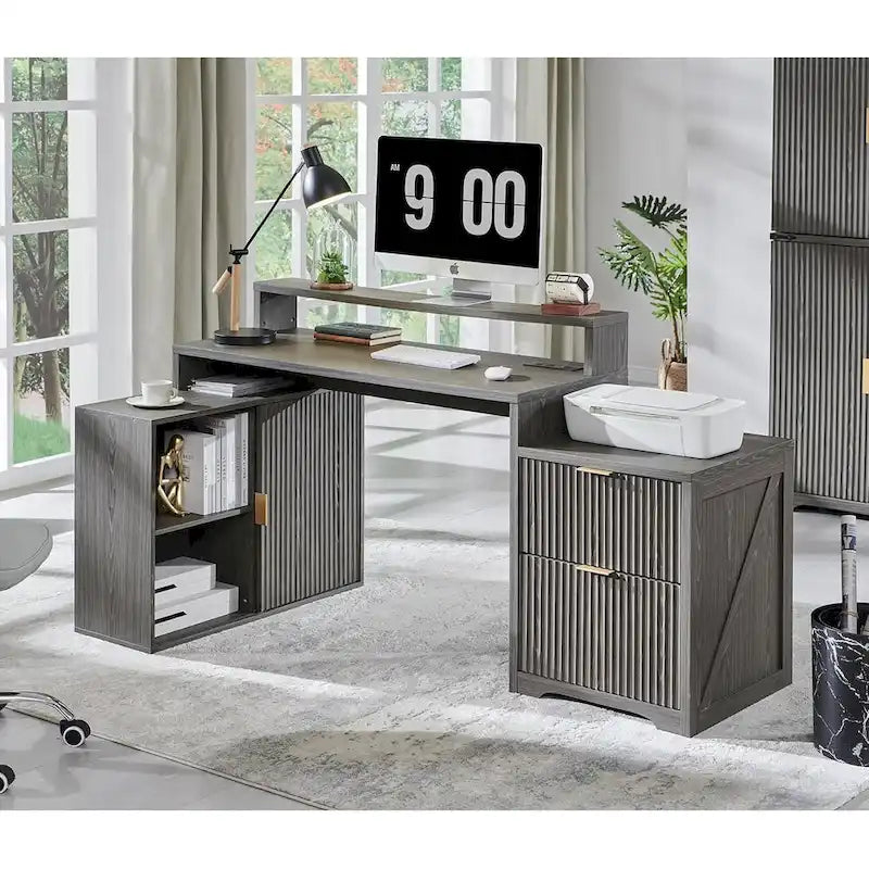 67 Modern L Shaped Desk, Wood Home Office Desk with Charging Station