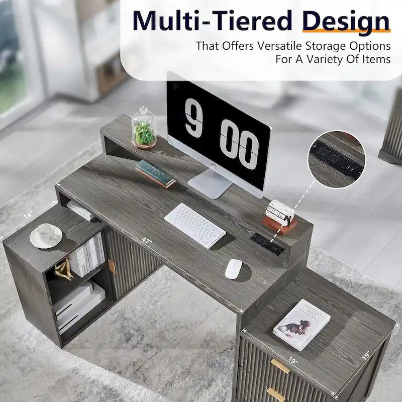 67 Modern L Shaped Desk, Wood Home Office Desk with Charging Station