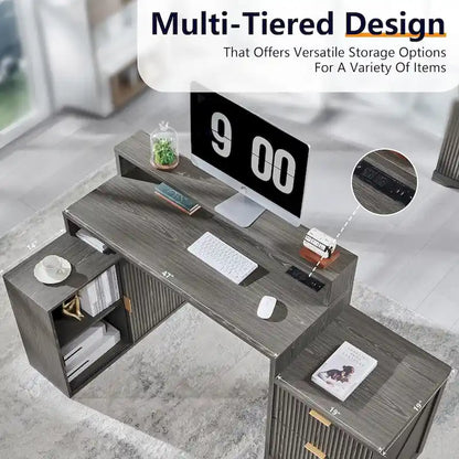 67 Modern L Shaped Desk, Wood Home Office Desk with Charging Station