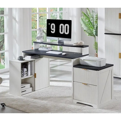 67 Modern L Shaped Desk, Wood Home Office Desk with Charging Station