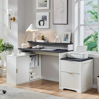 67 Modern L Shaped Desk, Wood Home Office Desk with Charging Station