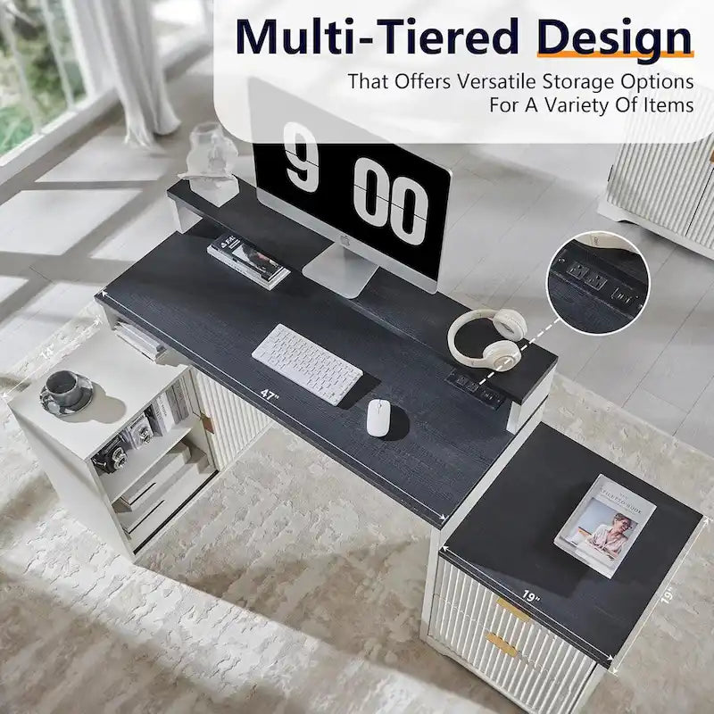 67 Modern L Shaped Desk, Wood Home Office Desk with Charging Station