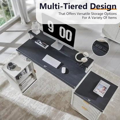 67 Modern L Shaped Desk, Wood Home Office Desk with Charging Station