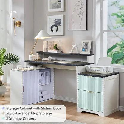 67 Modern L Shaped Desk, Wood Home Office Desk with Charging Station