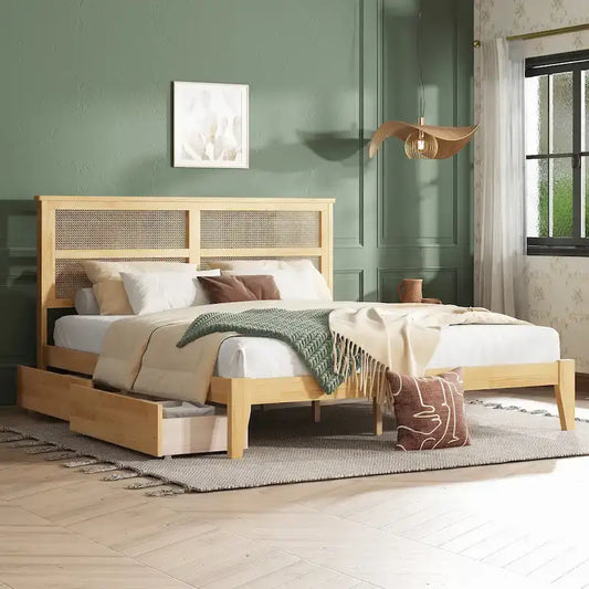 King Size Bed with Rattan Headboard, 2 Storage Drawers, Rubber Wood Bed with Enhanced Support Salts and Feet, White Oak