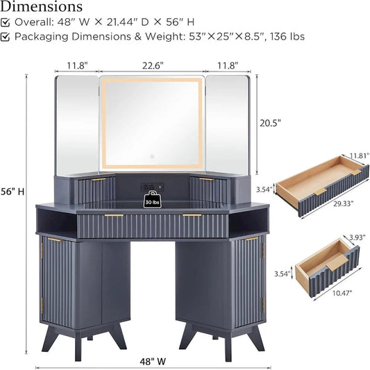 Modern Fluted Makeup Vanity Desk with 3 Way Mirror&Light, Vanity Table
