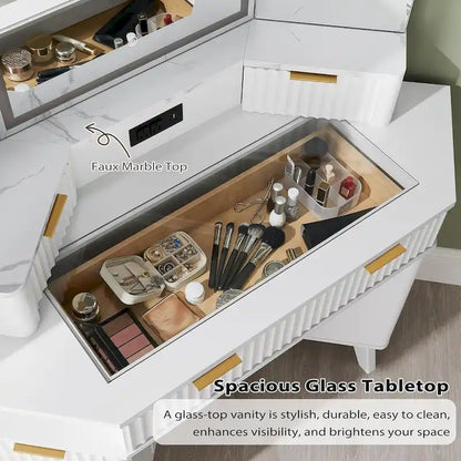 Modern Fluted Makeup Vanity Desk with 3 Way Mirror&Light, Vanity Table