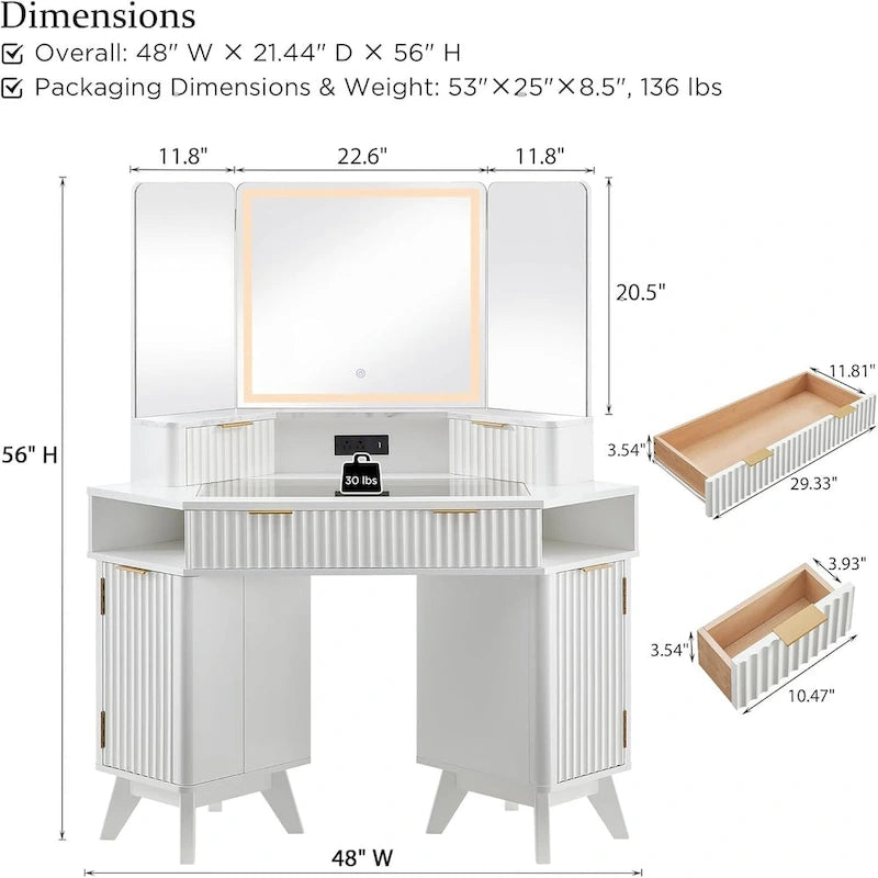 Modern Fluted Makeup Vanity Desk with 3 Way Mirror&Light, Vanity Table