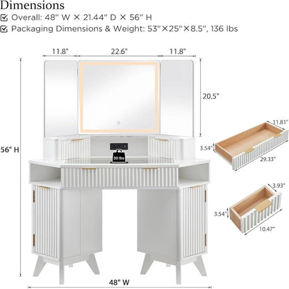 Modern Fluted Makeup Vanity Desk with 3 Way Mirror&Light, Vanity Table