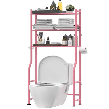 3-Tier Over The Toilet Storage, Freestanding Metal Bathroom Shelves with 4 Hooks, Over Toilet Storage Shelf with Paper Holder