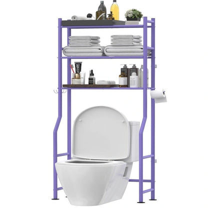 3-Tier Over The Toilet Storage, Freestanding Metal Bathroom Shelves with 4 Hooks, Over Toilet Storage Shelf with Paper Holder