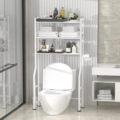 3-Tier Over The Toilet Storage, Freestanding Metal Bathroom Shelves with 4 Hooks, Over Toilet Storage Shelf with Paper Holder