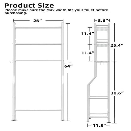 3-Tier Over The Toilet Storage, Freestanding Metal Bathroom Shelves with 4 Hooks, Over Toilet Storage Shelf with Paper Holder