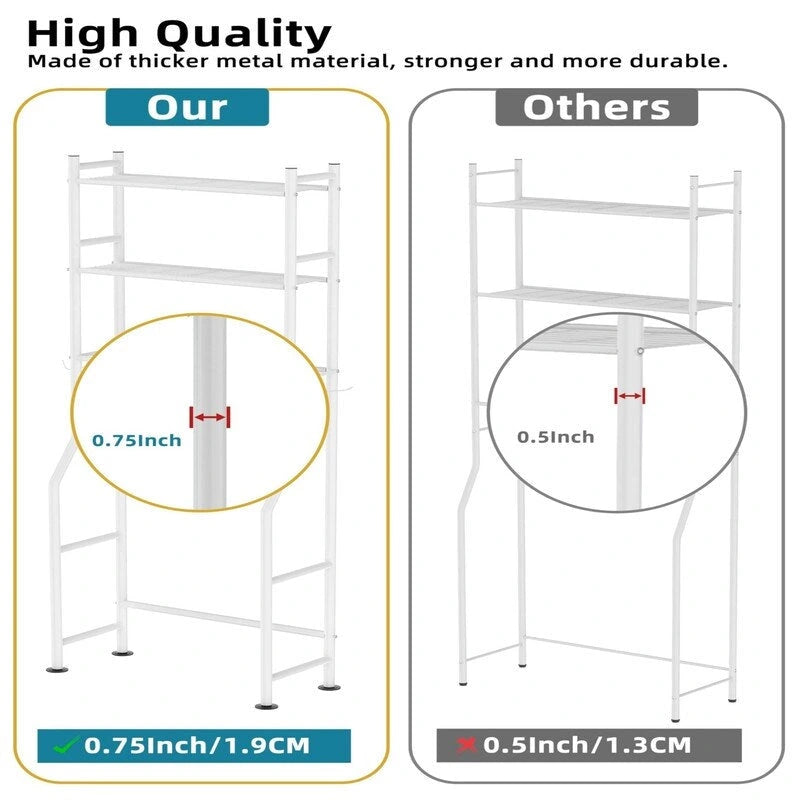 3-Tier Over The Toilet Storage, Freestanding Metal Bathroom Shelves with 4 Hooks, Over Toilet Storage Shelf with Paper Holder