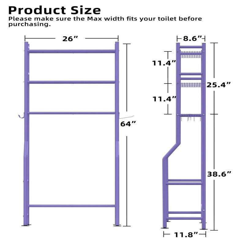 3-Tier Over The Toilet Storage, Freestanding Metal Bathroom Shelves with 4 Hooks, Over Toilet Storage Shelf with Paper Holder