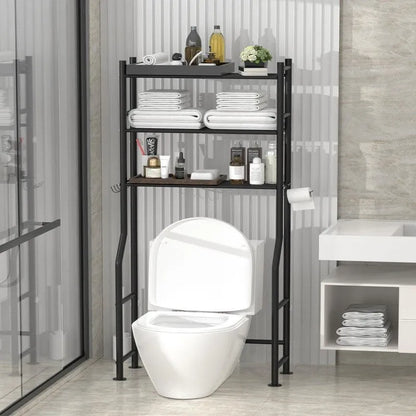 3-Tier Over The Toilet Storage, Freestanding Metal Bathroom Shelves with 4 Hooks, Over Toilet Storage Shelf with Paper Holder