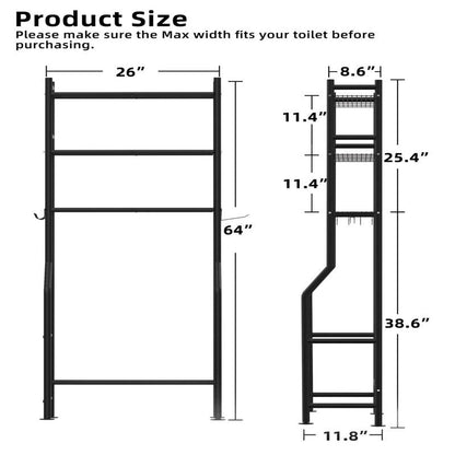 3-Tier Over The Toilet Storage, Freestanding Metal Bathroom Shelves with 4 Hooks, Over Toilet Storage Shelf with Paper Holder