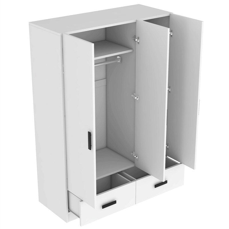 3-Door Bedroom Wardrobe Closet with Hanging Rod and 2 Storage Drawers, Solid Wood Armoire Clothes Organizer with Storage Shelves