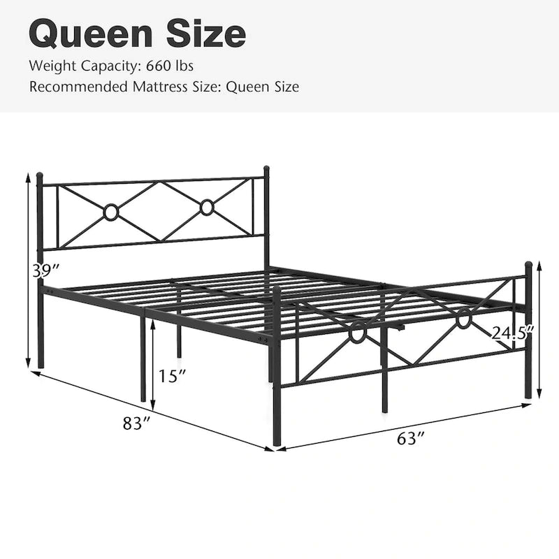 Gymax Full/Queen Size Metal Platform Bed Frame w/ Headboard Mattress