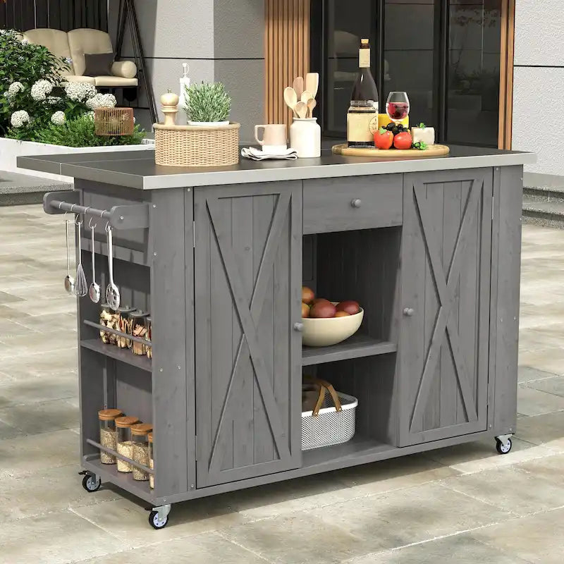 Rustic Wood Metal Kitchen Cart Adjustable