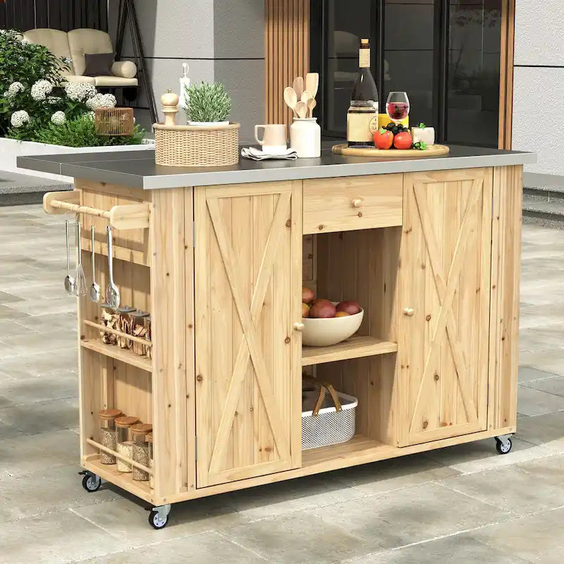 Rustic Wood Metal Kitchen Cart Adjustable