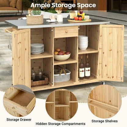 Rustic Wood Metal Kitchen Cart Adjustable