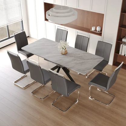 Modern Dining Set with Rectangular Extendable Metal Legs Table & High Back C-shaped Tube Armless Chairs