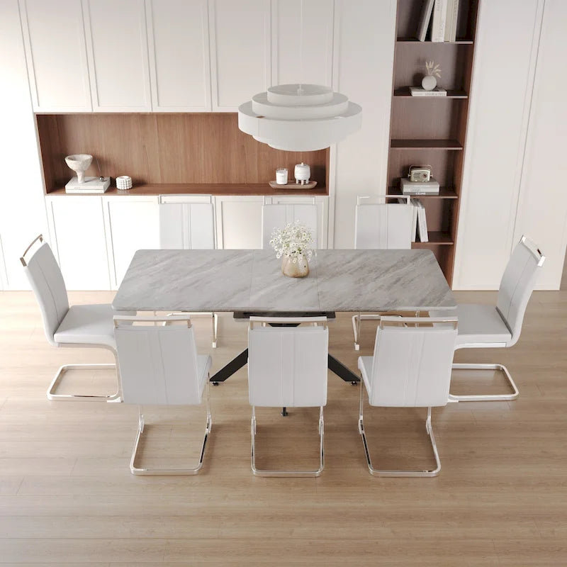 Modern Dining Set with Rectangular Extendable Metal Legs Table & High Back C-shaped Tube Armless Chairs