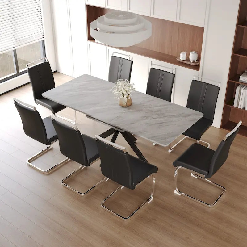 Modern Dining Set with Rectangular Extendable Metal Legs Table & High Back C-shaped Tube Armless Chairs