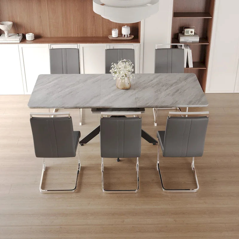 Modern Dining Set with Rectangular Extendable Metal Legs Table & High Back C-shaped Tube Armless Chairs