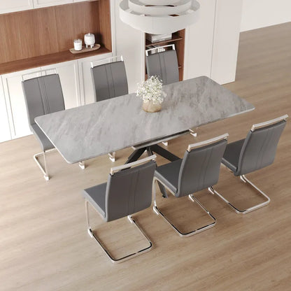 Modern Dining Set with Rectangular Extendable Metal Legs Table & High Back C-shaped Tube Armless Chairs