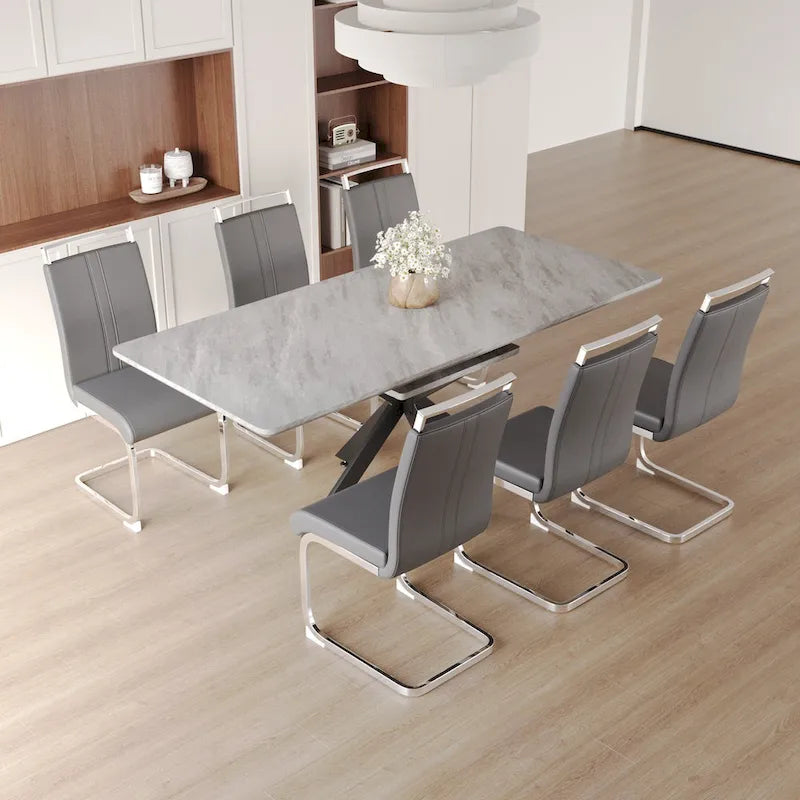 Modern Dining Set with Rectangular Extendable Metal Legs Table & High Back C-shaped Tube Armless Chairs