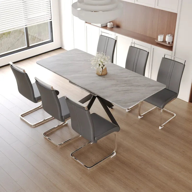 Modern Dining Set with Rectangular Extendable Metal Legs Table & High Back C-shaped Tube Armless Chairs